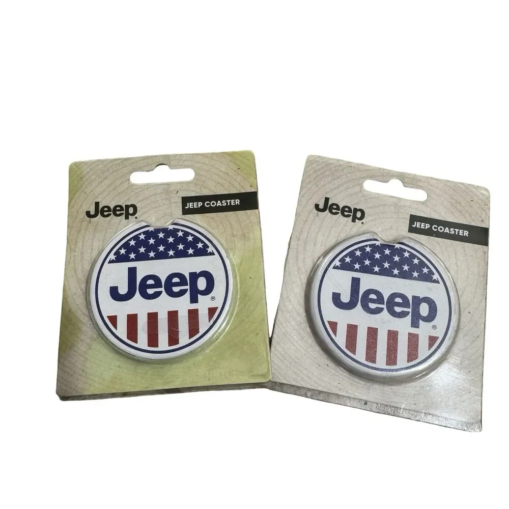 NIP Jeep Logo Car Cup Holder Coaster Set Of 2 Red White And Blue Flag American